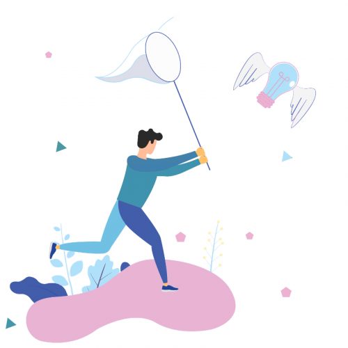 Man with butterfly net catching flying winged lightbulb. Concept of chasing or pursuing innovative business idea, creative thinking, brainstorm. Modern flat vector illustration for banner, poster